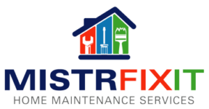 Logo of MistrFixIt Home Maintenance Services featuring a house with wrench, screwdriver, paintbrush icons.