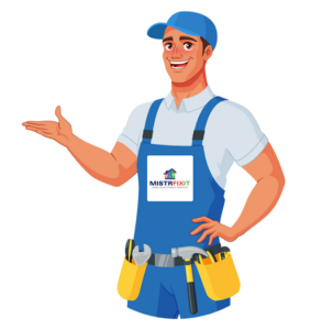 Illustration of a smiling handyman in overalls and a cap, gesturing with one hand. His tool belt is equipped with various tools, and his overalls display the "MistriFixit" logo.