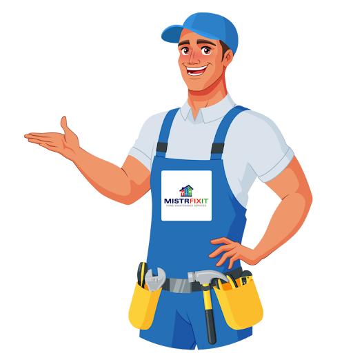 Illustration of a smiling handyman in overalls and a cap, gesturing with one hand. His tool belt is equipped with various tools, and his overalls display the "MistriFixit" logo.