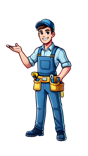 Illustration of a smiling handyman wearing a cap, overalls, and a tool belt, standing and gesturing with one hand.